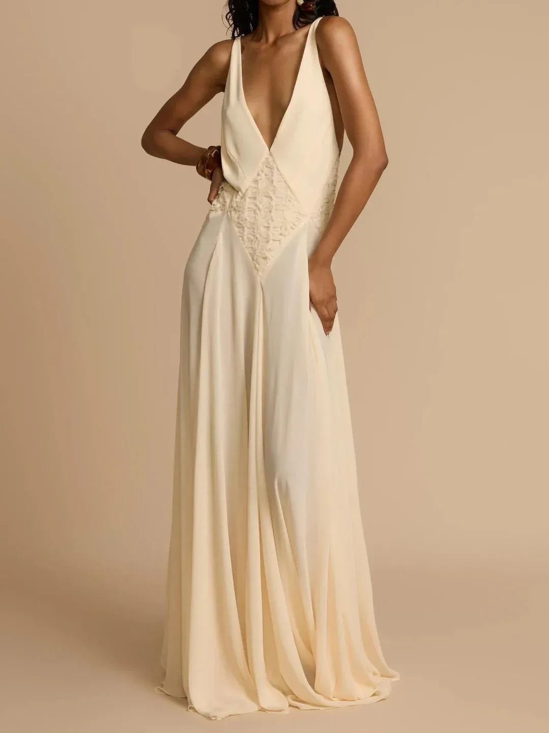 Stylish A-Line Deep V-Neck Lace Textured Open-Back Cream Floor-Length Prom Dress