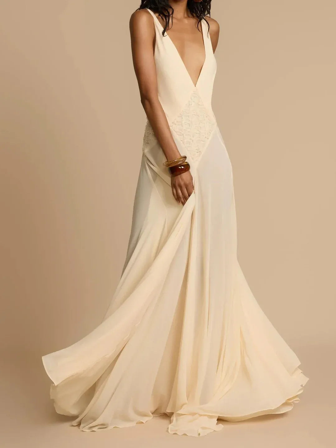 Stylish A-Line Deep V-Neck Lace Textured Open-Back Cream Floor-Length Prom Dress