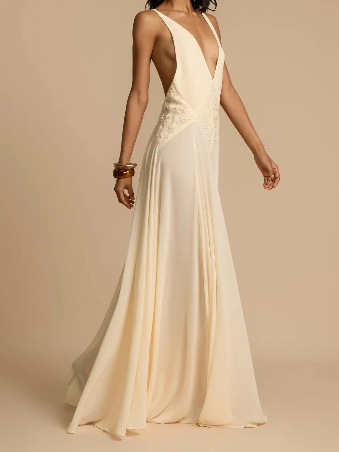 Stylish A-Line Deep V-Neck Lace Textured Open-Back Cream Floor-Length Prom Dress