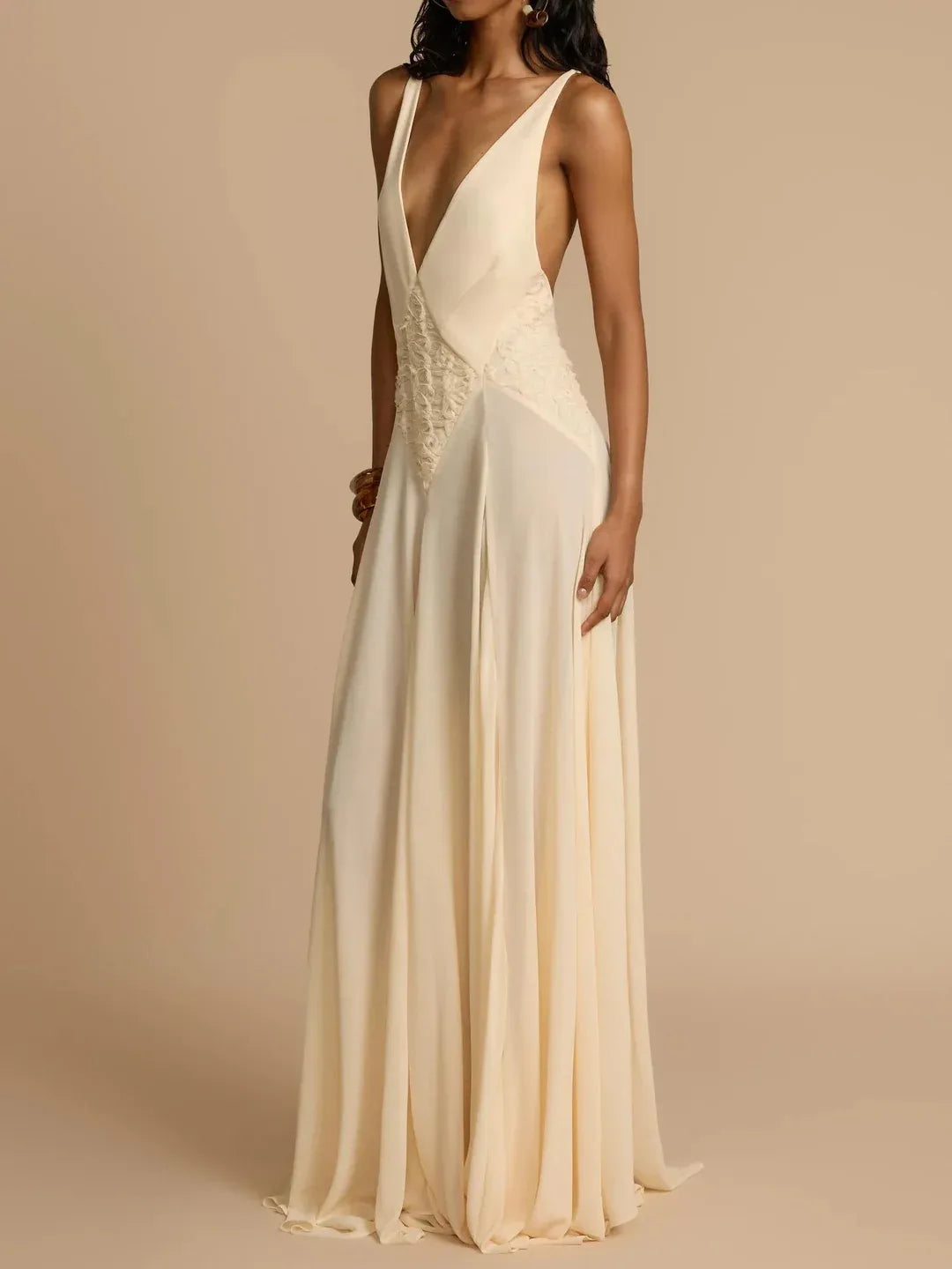 Stylish A-Line Deep V-Neck Lace Textured Open-Back Cream Floor-Length Prom Dress
