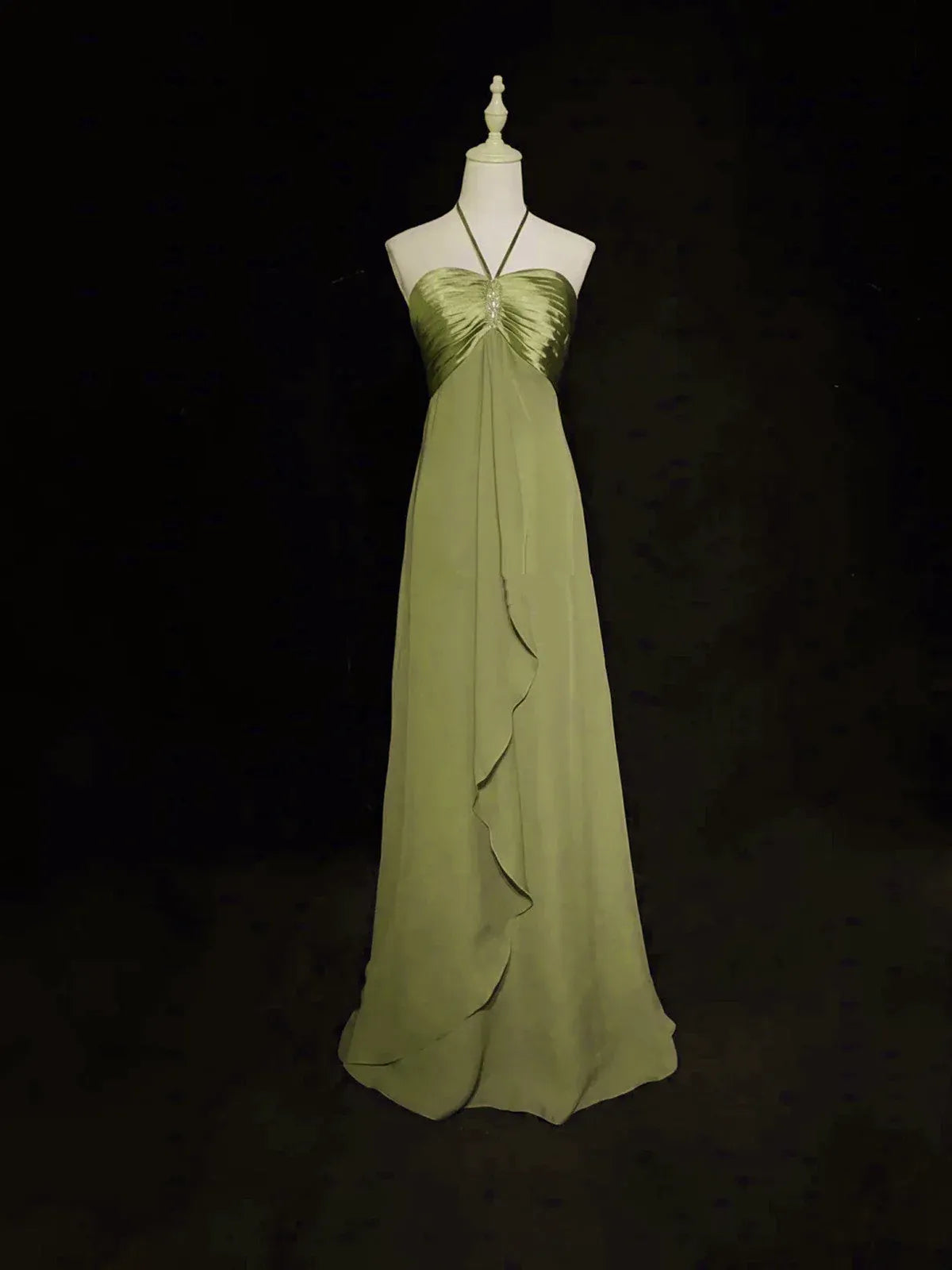 Stylish A-Line Halter Ruched Backless Chiffon Satin Sage Green Long Prom Dress