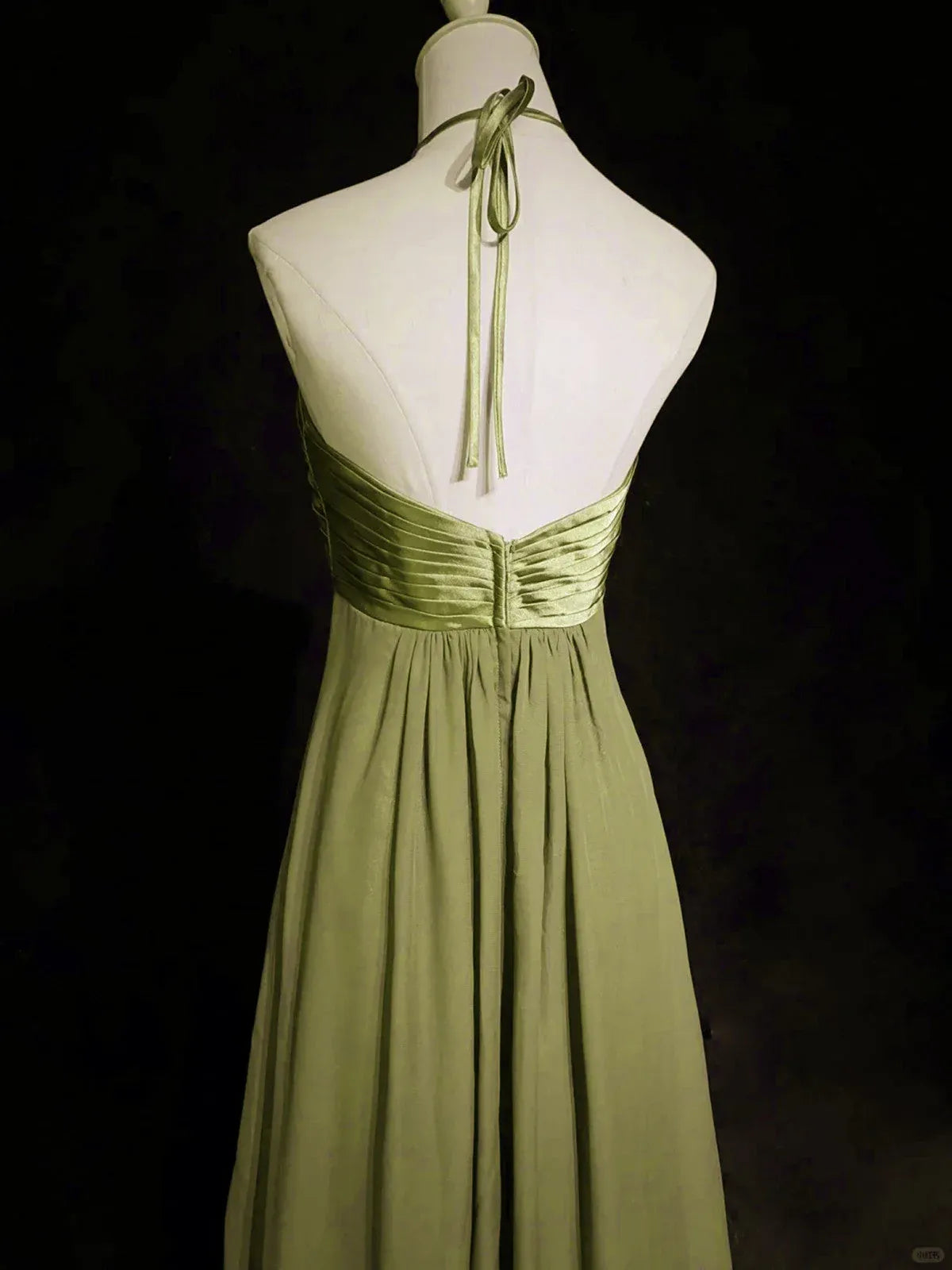 Stylish A-Line Halter Ruched Backless Chiffon Satin Sage Green Long Prom Dress