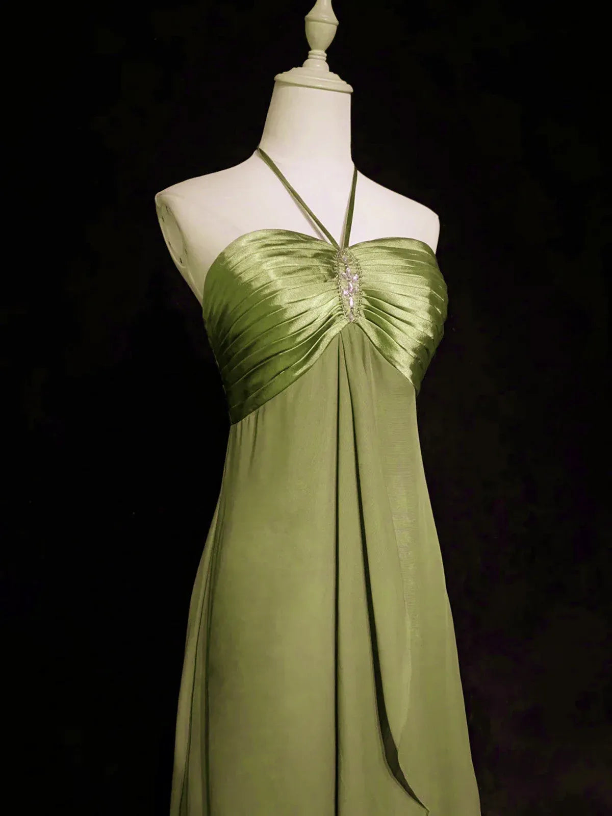 Stylish A-Line Halter Ruched Backless Chiffon Satin Sage Green Long Prom Dress