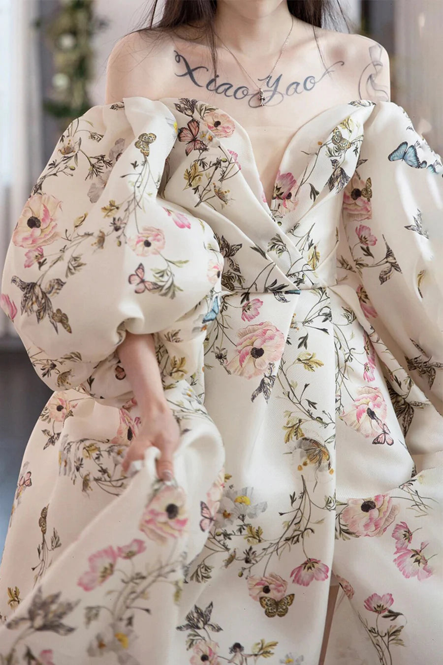 Stylish A-Line Off Shoulder Long Sleeves Printed Pattern Long Prom Dress With Slit