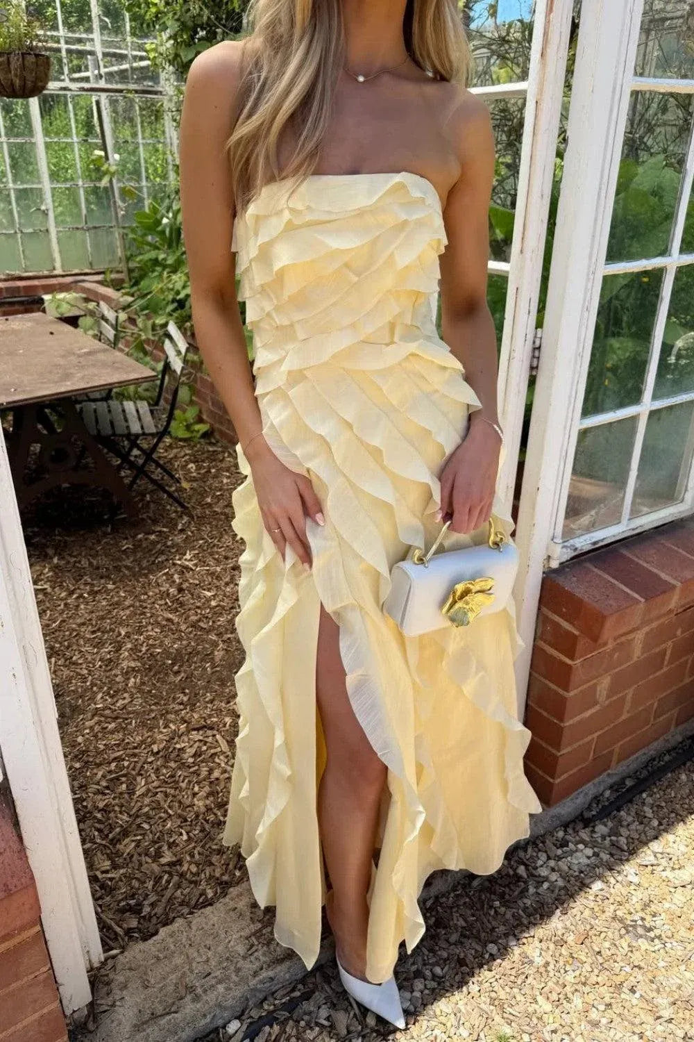 Stylish A-Line Strapless Ruffled Chiffon Yellow Floor-Length Prom Dress With High-Slit