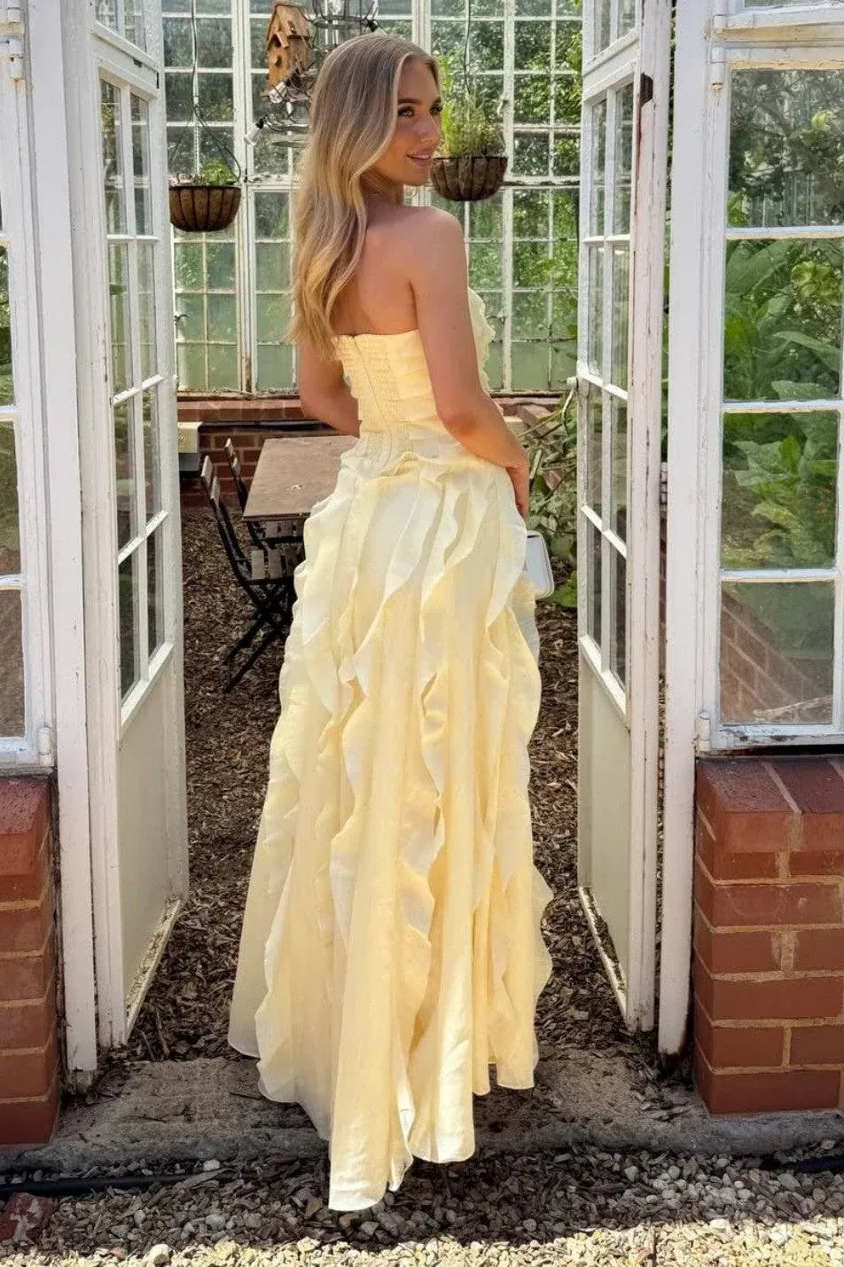 Stylish A-Line Strapless Ruffled Chiffon Yellow Floor-Length Prom Dress With High-Slit