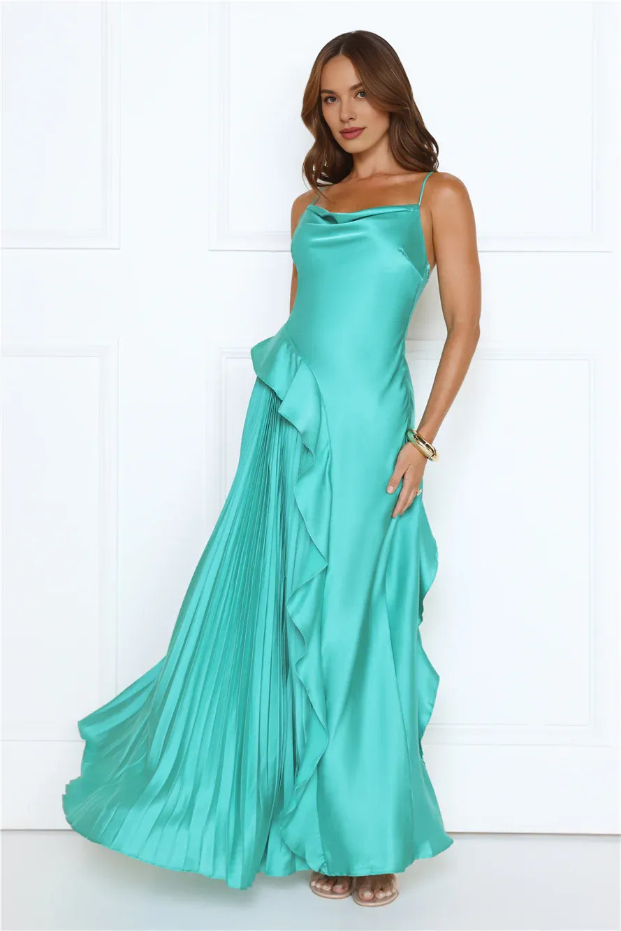 Stylish A-line Cowl Neck Spaghetti Straps Ruffle Pleated Satin Green Maxi Prom Dress