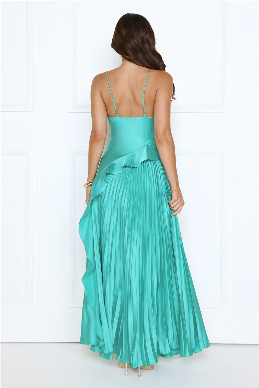 Stylish A-line Cowl Neck Spaghetti Straps Ruffle Pleated Satin Green Maxi Prom Dress
