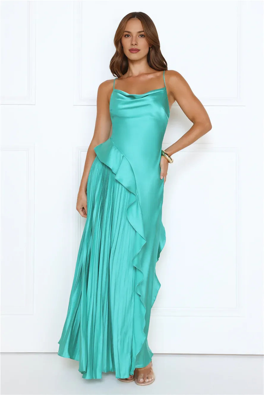 Stylish A-line Cowl Neck Spaghetti Straps Ruffle Pleated Satin Green Maxi Prom Dress
