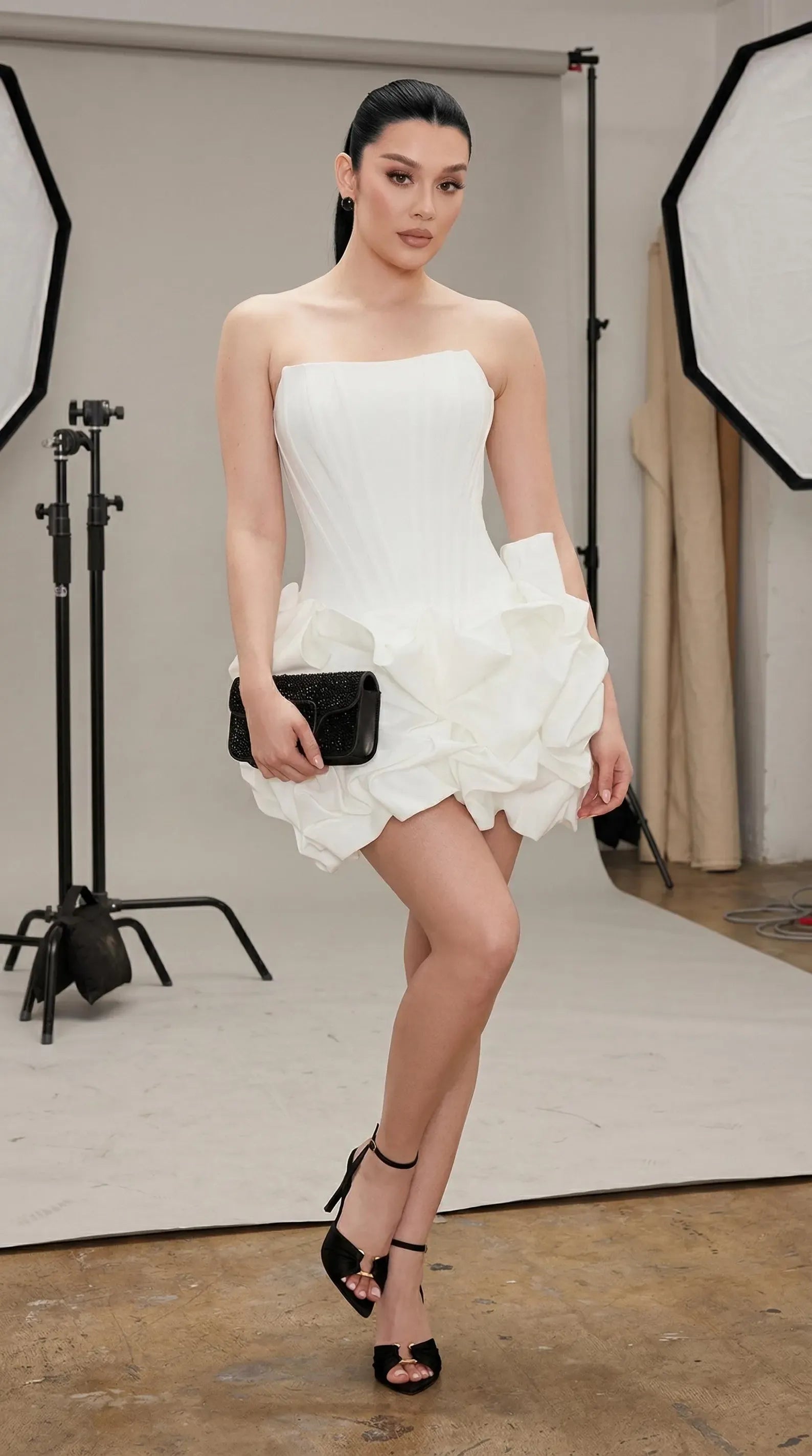 Stylish A-line Strapless Corset Satin White Short Homecoming Dress With Bubble Hem
