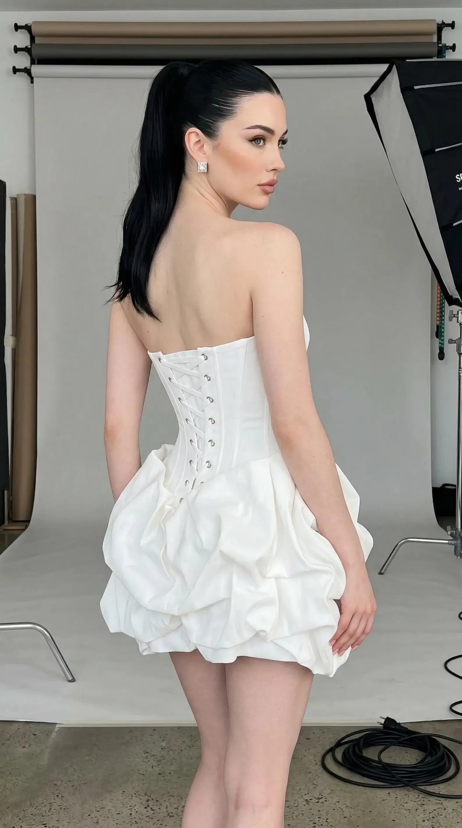 Stylish A-line Strapless Corset Satin White Short Homecoming Dress With Bubble Hem