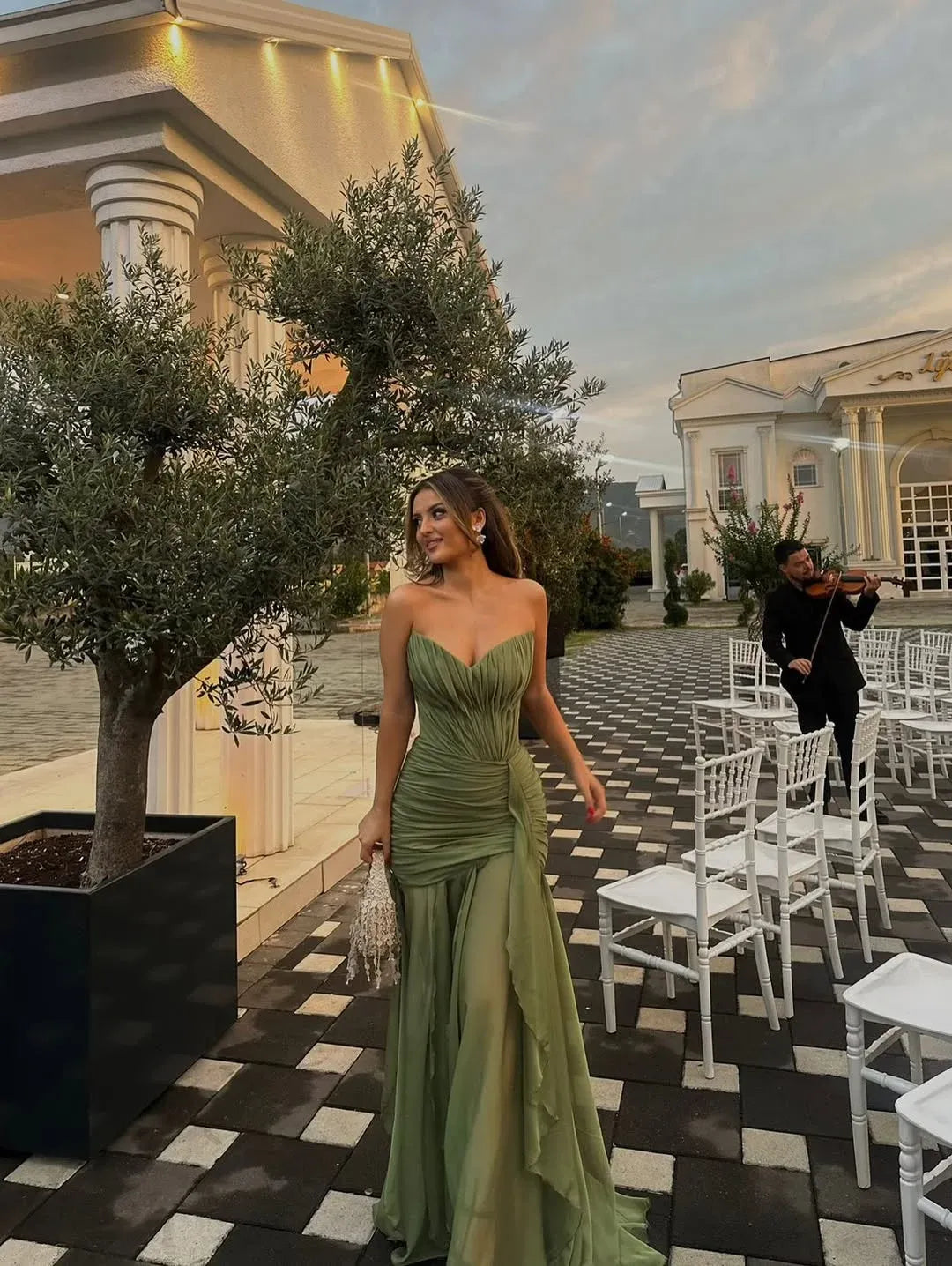 Stylish A-line Strapless Ruched Ruffle Olive Green Long Prom Dress Hot Sale