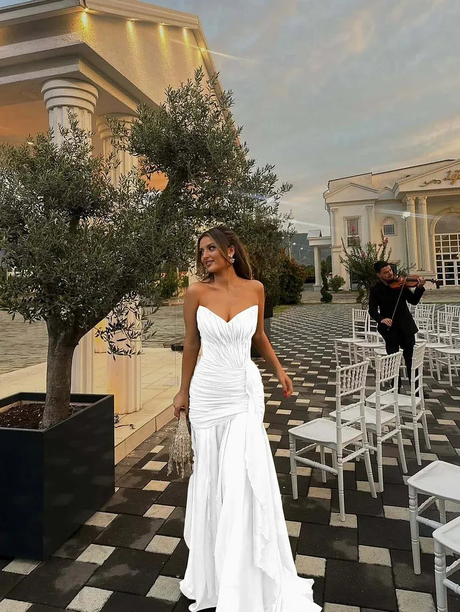 Stylish A-line Strapless Ruched Ruffle Olive Green Long Prom Dress Hot Sale