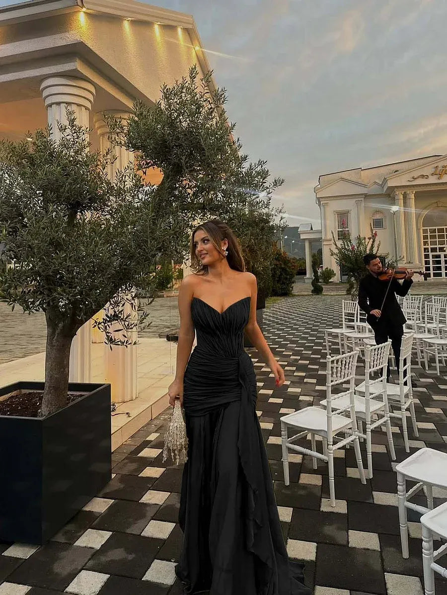 Stylish A-line Strapless Ruched Ruffle Olive Green Long Prom Dress Hot Sale