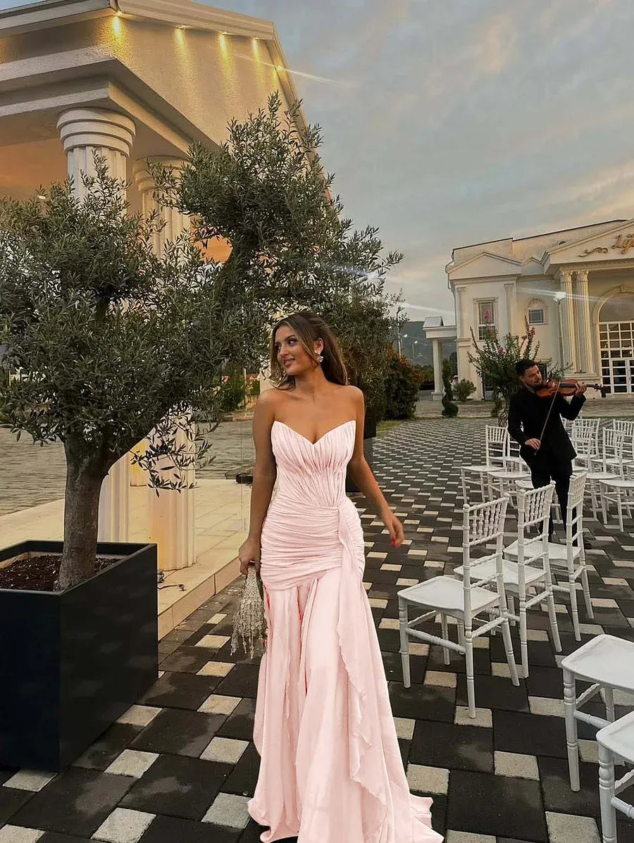 Stylish A-line Strapless Ruched Ruffle Olive Green Long Prom Dress Hot Sale