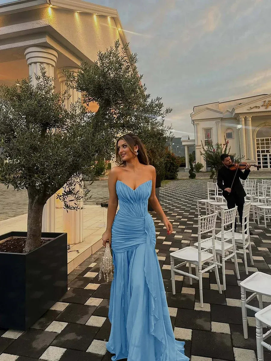 Stylish A-line Strapless Ruched Ruffle Olive Green Long Prom Dress Hot Sale