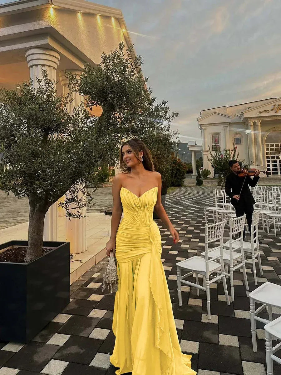 Stylish A-line Strapless Ruched Ruffle Olive Green Long Prom Dress Hot Sale