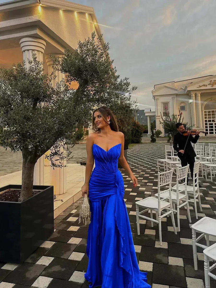Stylish A-line Strapless Ruched Ruffle Olive Green Long Prom Dress Hot Sale