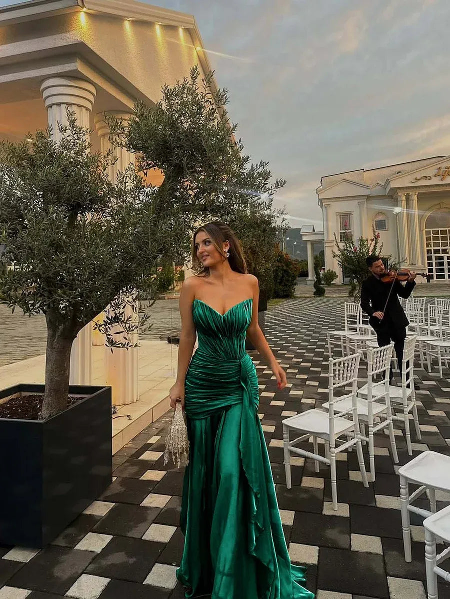 Stylish A-line Strapless Ruched Ruffle Olive Green Long Prom Dress Hot Sale