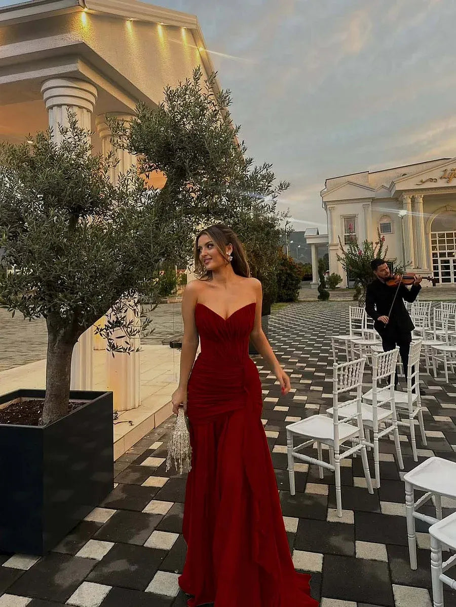 Stylish A-line Strapless Ruched Ruffle Olive Green Long Prom Dress Hot Sale