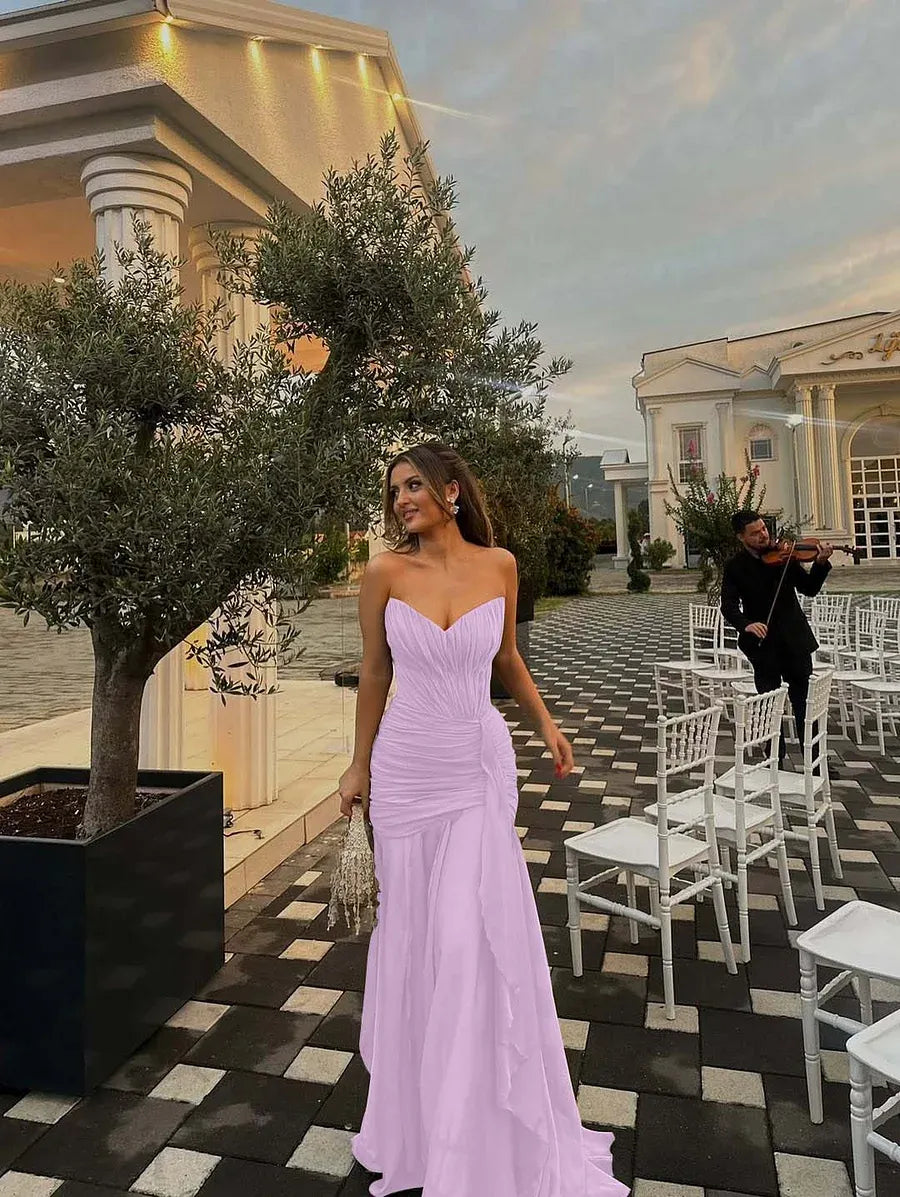 Stylish A-line Strapless Ruched Ruffle Olive Green Long Prom Dress Hot Sale