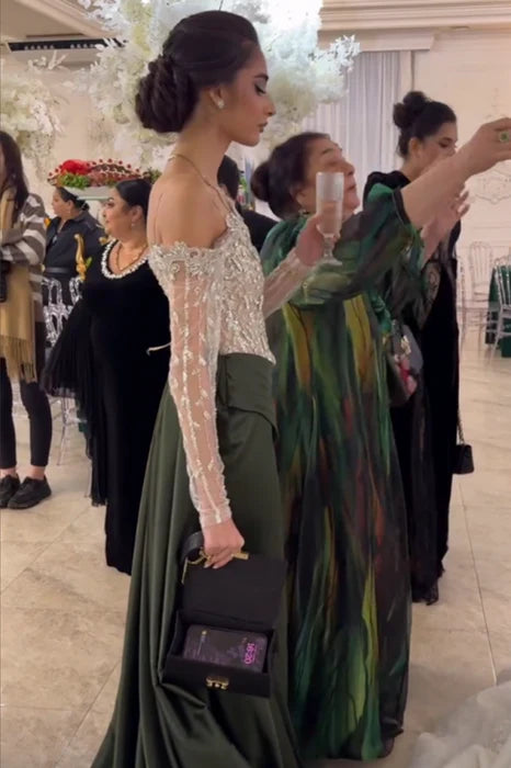 Stylish Black Satin Lace One-Shoulder Beaded Long Sleeves Ruched Prom Dress With Train