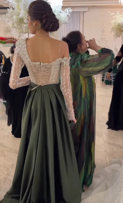 Stylish Black Satin Lace One-Shoulder Beaded Long Sleeves Ruched Prom Dress With Train