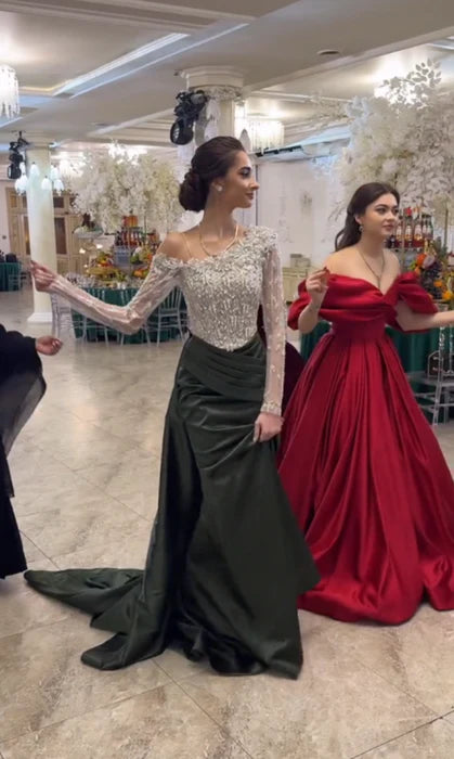 Stylish Black Satin Lace One-Shoulder Beaded Long Sleeves Ruched Prom Dress With Train