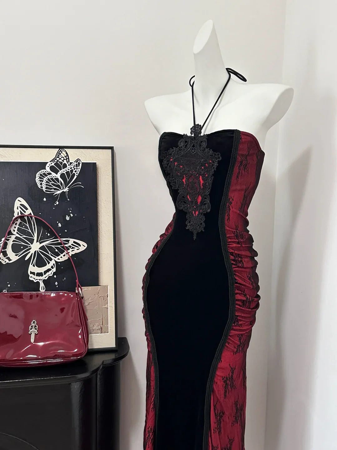 Stylish Burgundy Satin Floral Lace Halter Sheath Long Formal Prom Dress Evening Dress