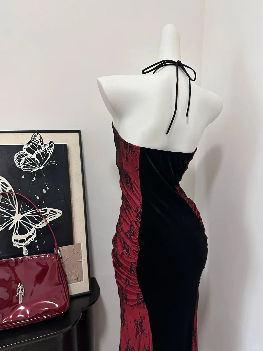 Stylish Burgundy Satin Floral Lace Halter Sheath Long Formal Prom Dress Evening Dress