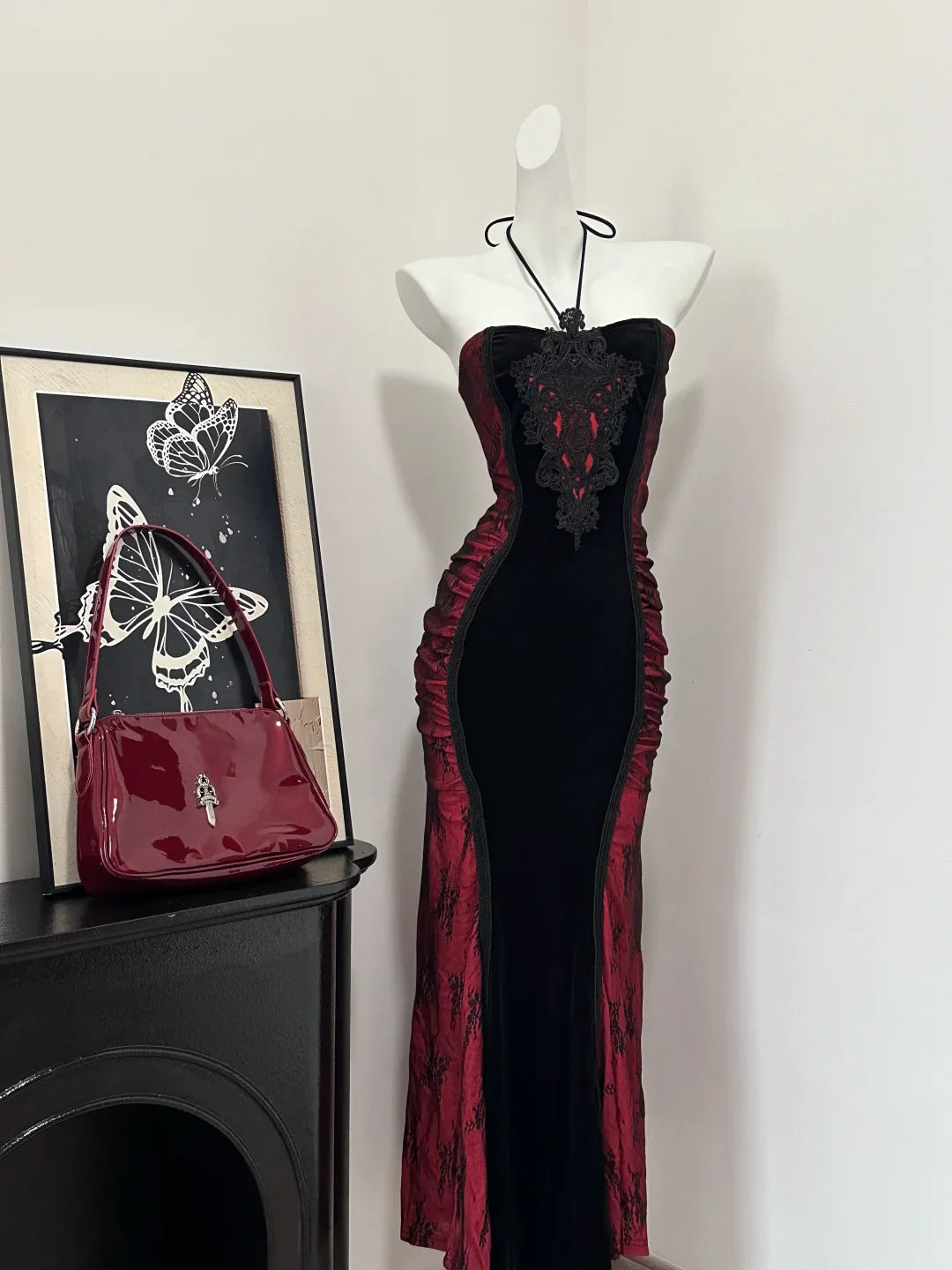 Stylish Burgundy Satin Floral Lace Halter Sheath Long Formal Prom Dress Evening Dress