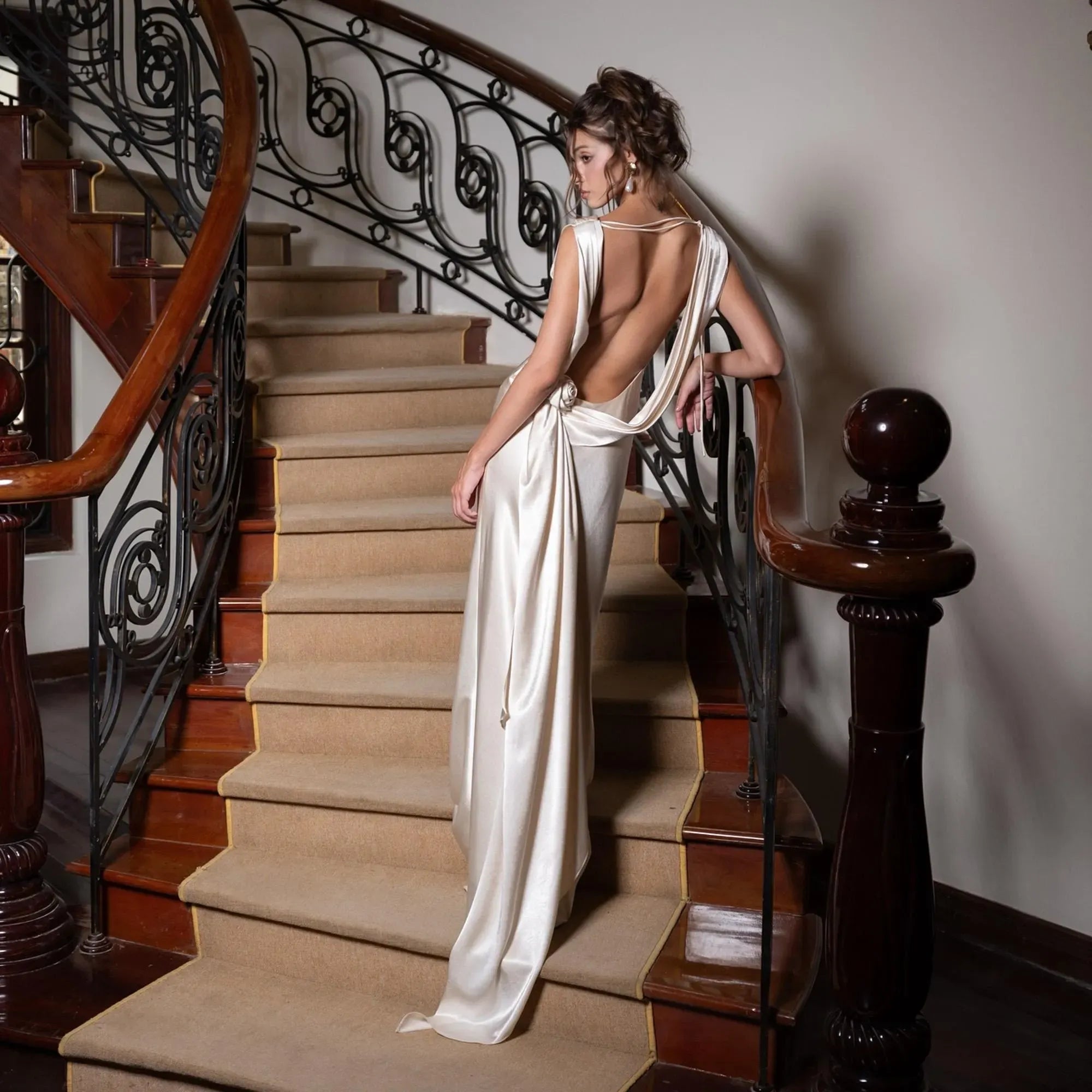 Stylish Cowl Neck Flowers Open-Back Satin Ivory Floor Length Prom Dress Hot Sale