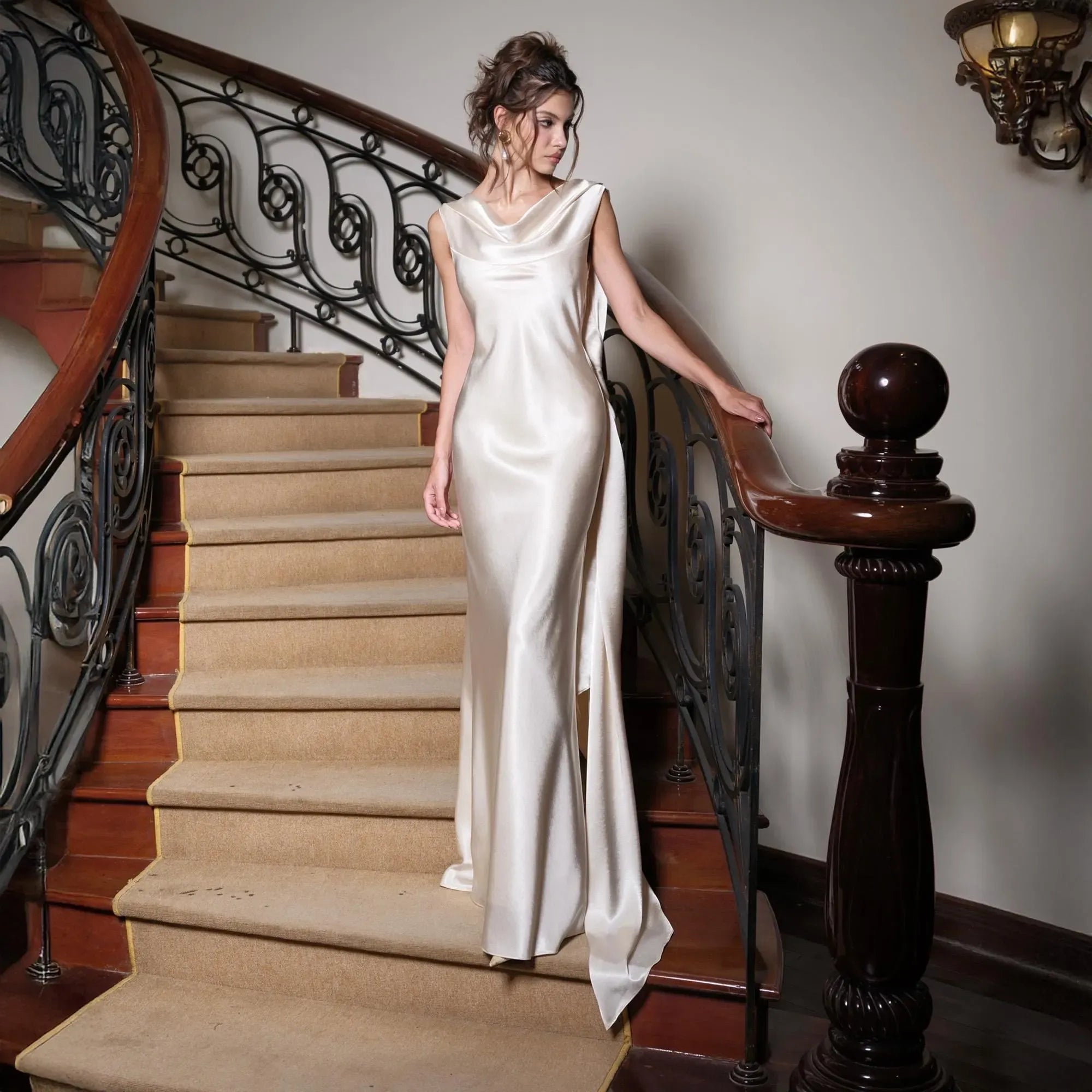 Stylish Cowl Neck Flowers Open-Back Satin Ivory Floor Length Prom Dress Hot Sale