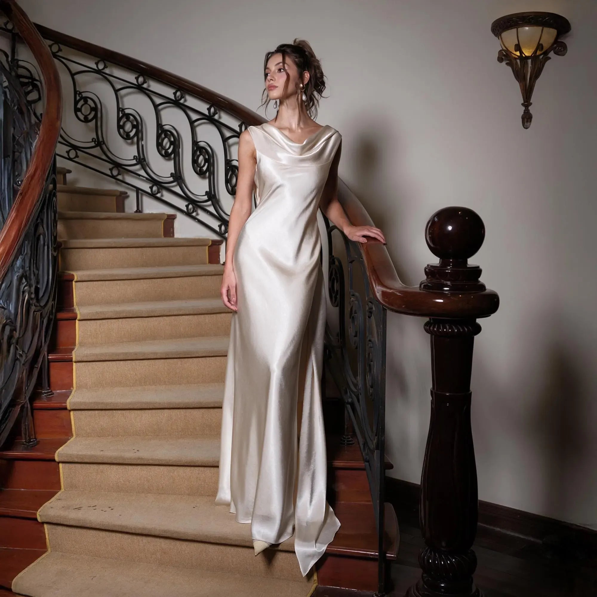 Stylish Cowl Neck Flowers Open-Back Satin Ivory Floor Length Prom Dress Hot Sale