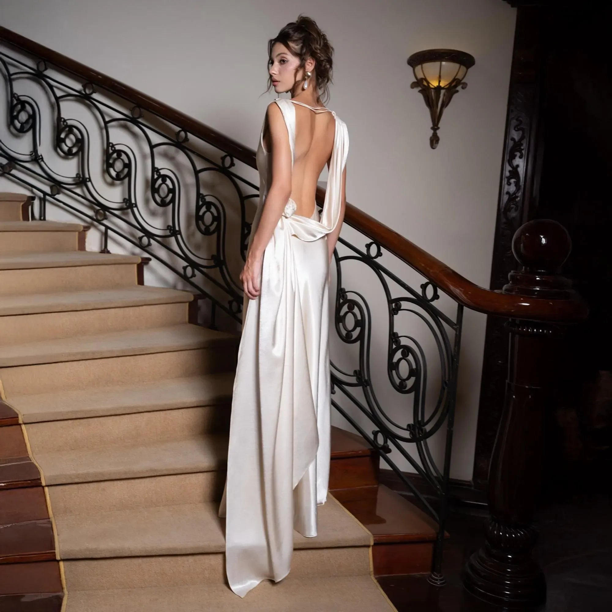 Stylish Cowl Neck Flowers Open-Back Satin Ivory Floor Length Prom Dress Hot Sale