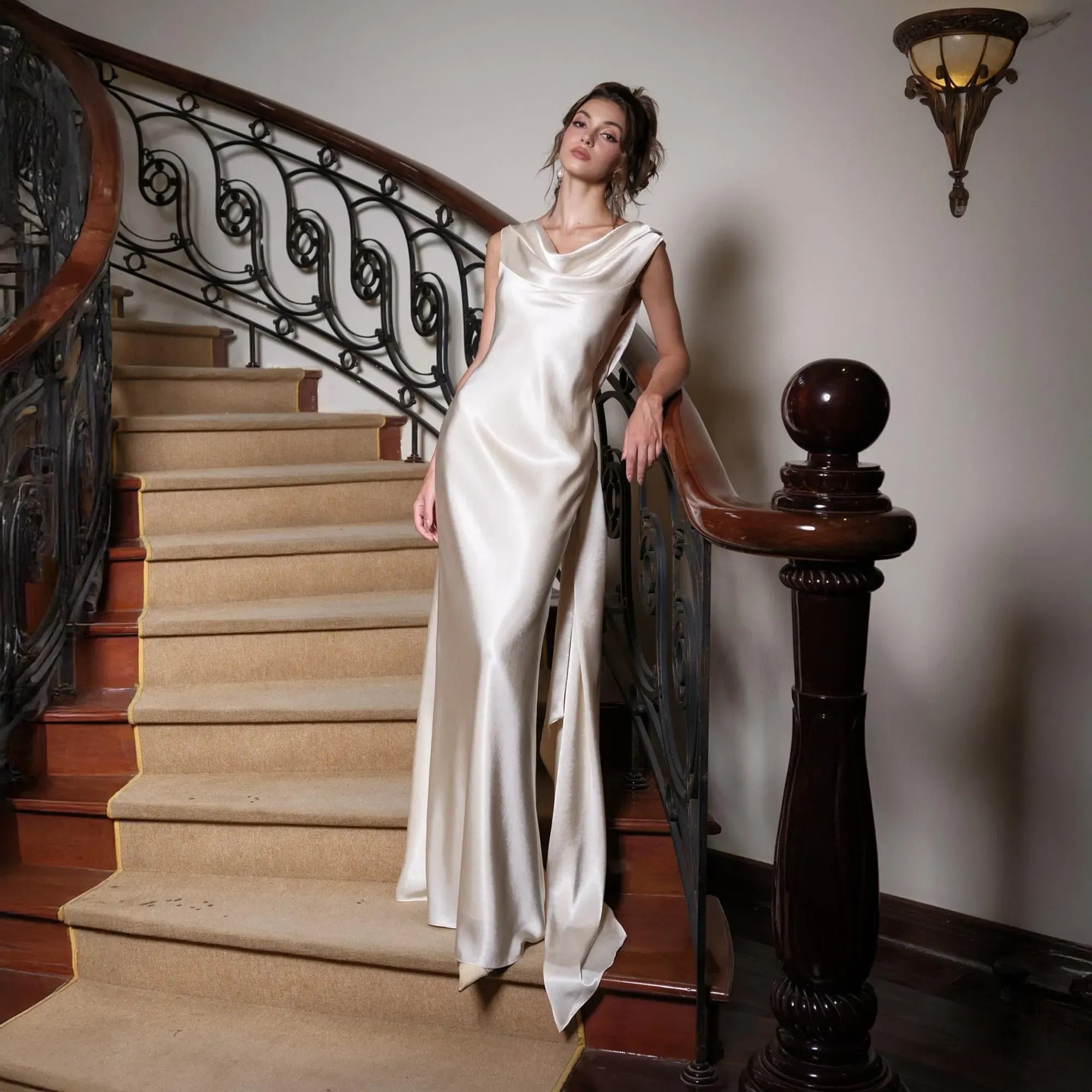 Stylish Cowl Neck Flowers Open-Back Satin Ivory Floor Length Prom Dress Hot Sale