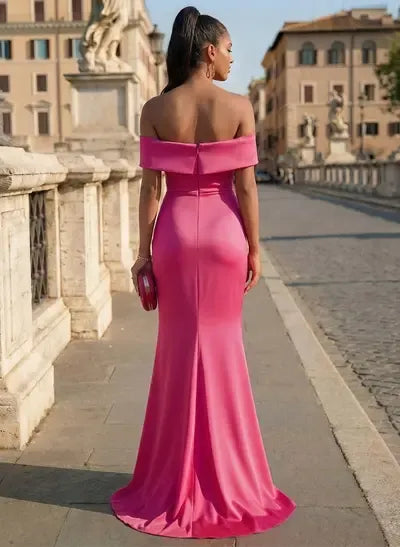 Stylish Elegant Mermaid Off-Shoulder Ruched Satin Hot Pink Long Prom Dress