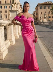 Stylish Elegant Mermaid Off-Shoulder Ruched Satin Hot Pink Long Prom D – JIESEN DRESS