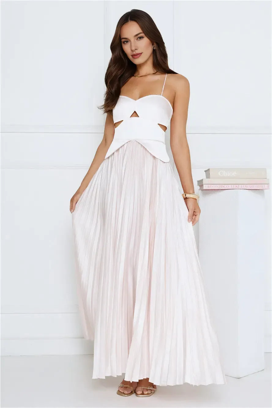 Stylish Fancy A-line Spaghetti Straps Cutout Pleated Cream Maxi Prom Dress