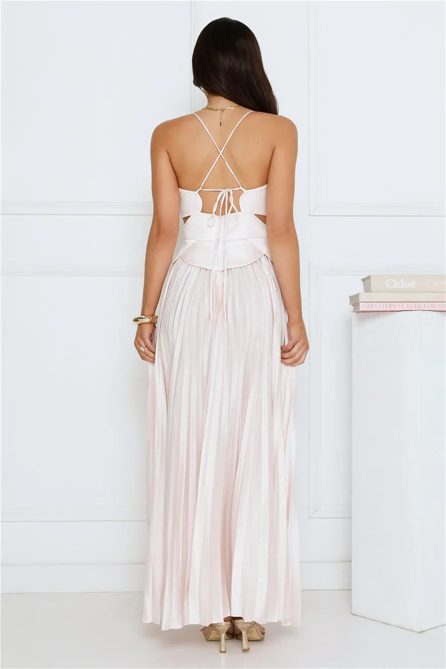 Stylish Fancy A-line Spaghetti Straps Cutout Pleated Cream Maxi Prom Dress