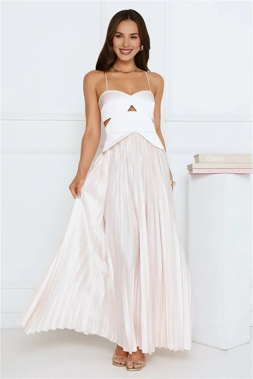 Stylish Fancy A-line Spaghetti Straps Cutout Pleated Cream Maxi Prom Dress