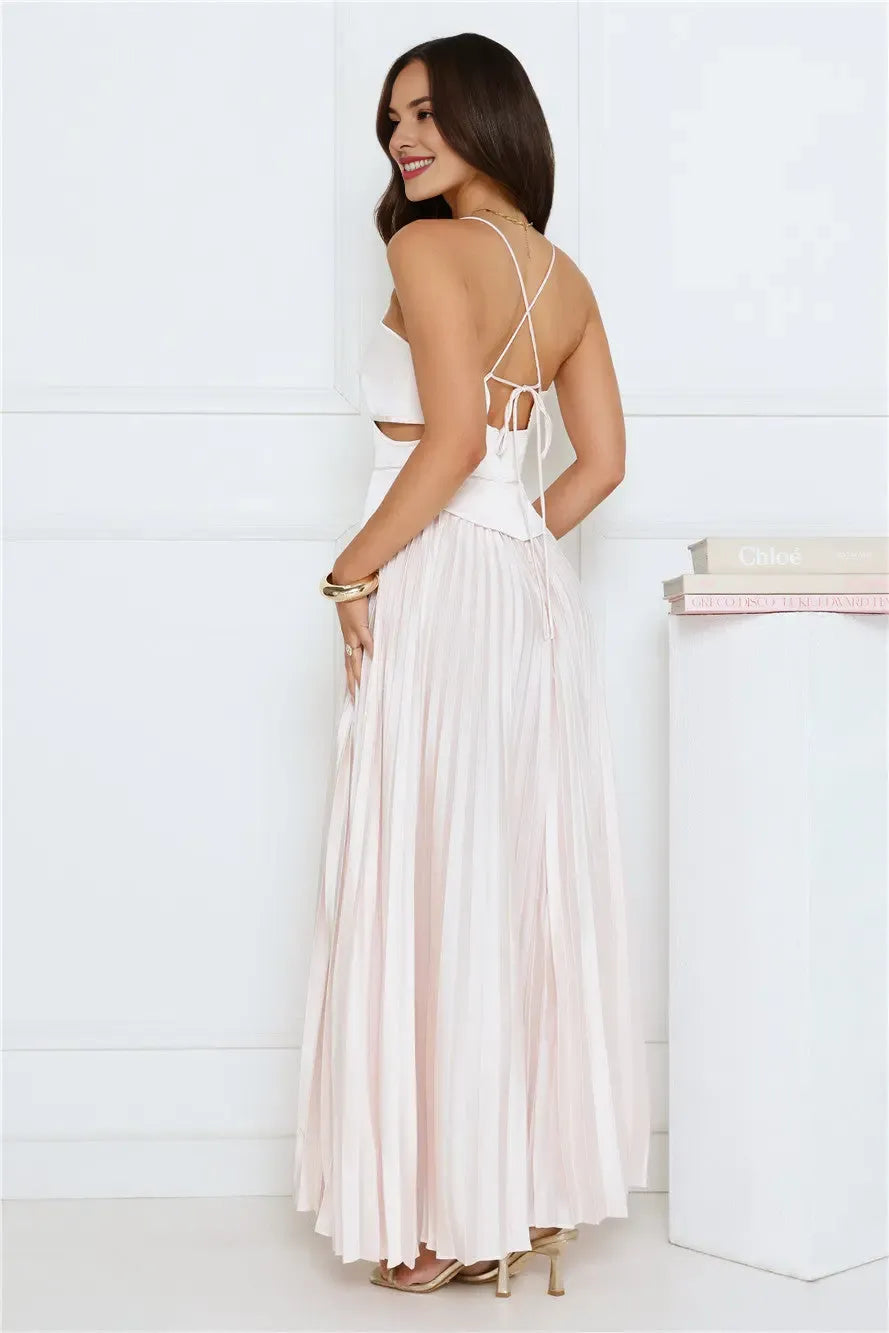 Stylish Fancy A-line Spaghetti Straps Cutout Pleated Cream Maxi Prom Dress