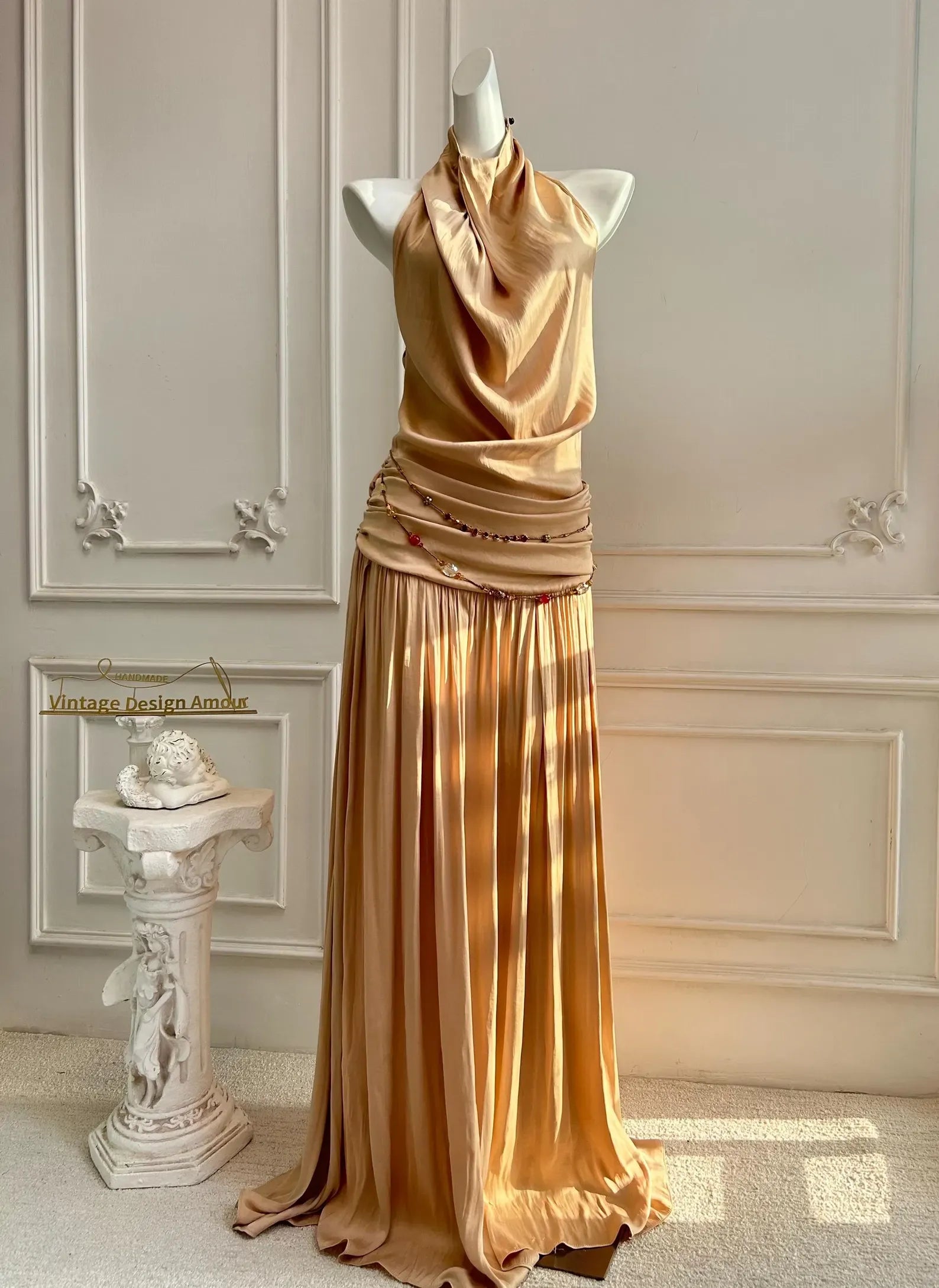 Stylish Halter Neck Ruched Open-Back Champagne Long Prom Dress No Beaded