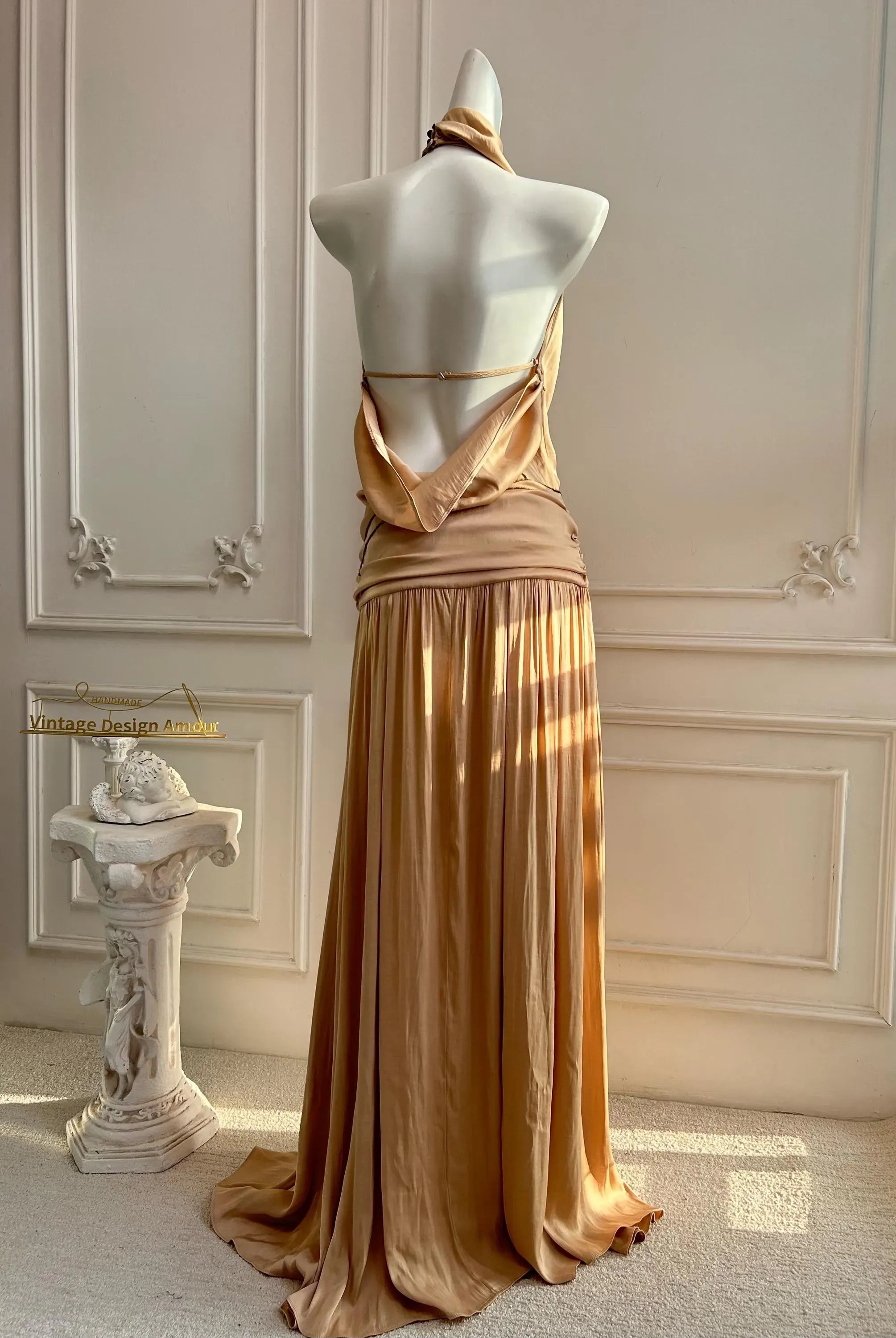 Stylish Halter Neck Ruched Open-Back Champagne Long Prom Dress No Beaded