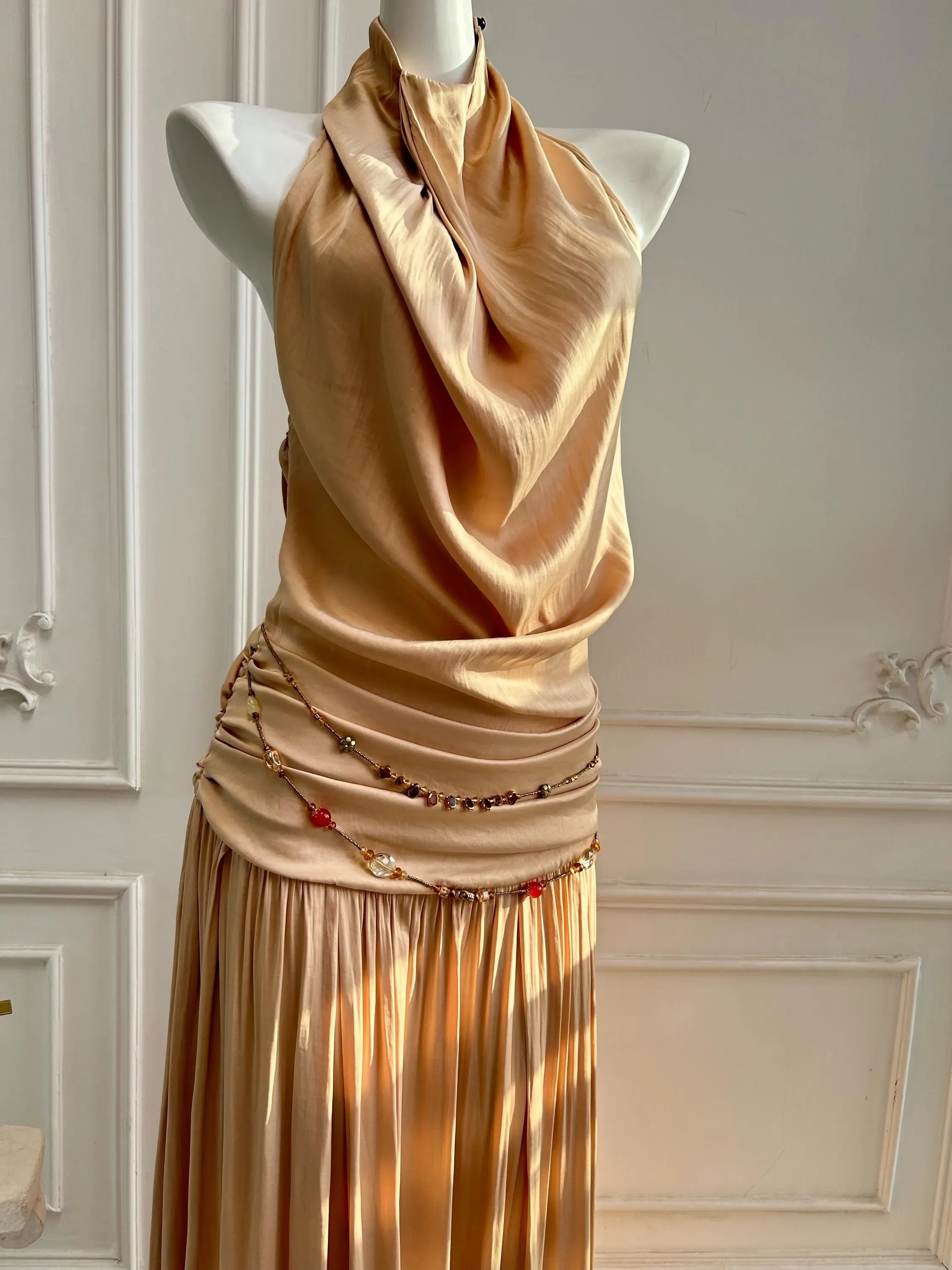 Stylish Halter Neck Ruched Open-Back Champagne Long Prom Dress No Beaded