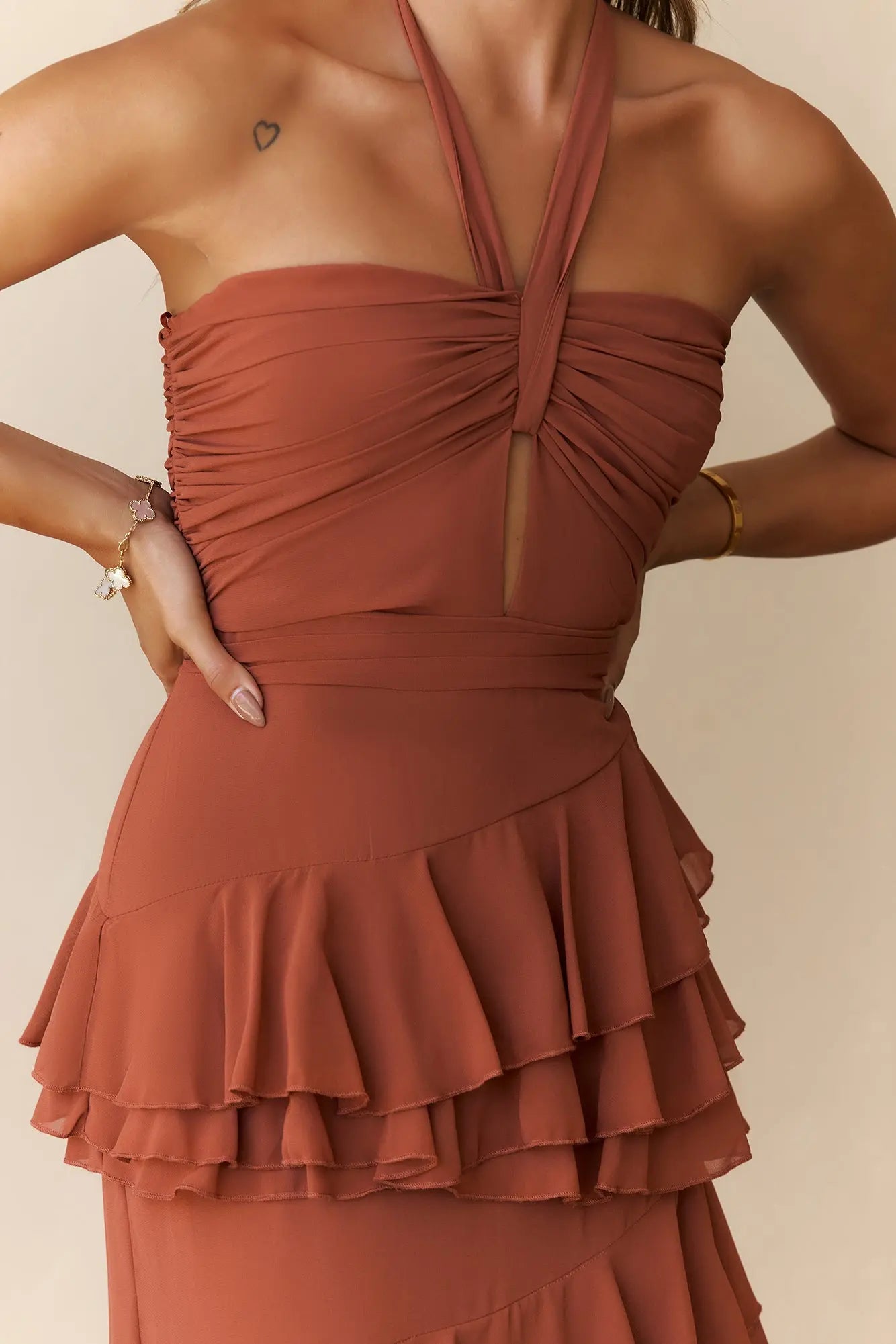 Stylish Halter Tie Cutout Tiered Ruffle Rust Maxi Prom Dress For Women