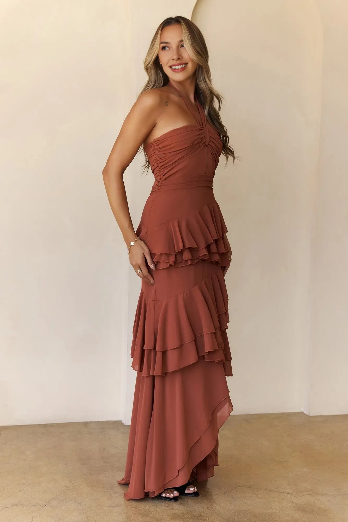 Stylish Halter Tie Cutout Tiered Ruffle Rust Maxi Prom Dress For Women