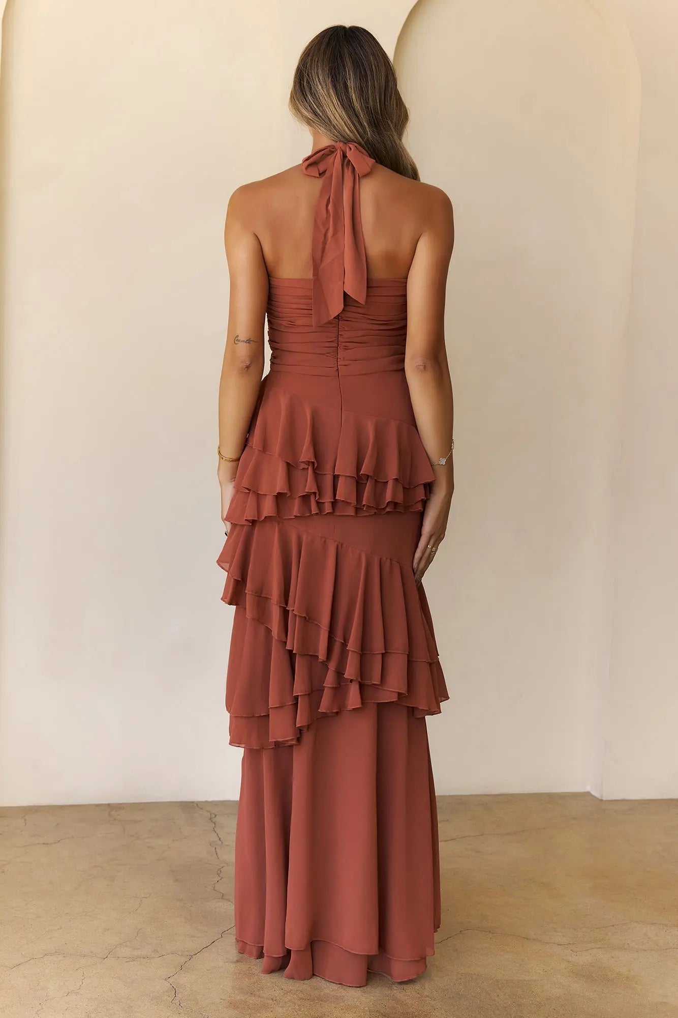 Stylish Halter Tie Cutout Tiered Ruffle Rust Maxi Prom Dress For Women