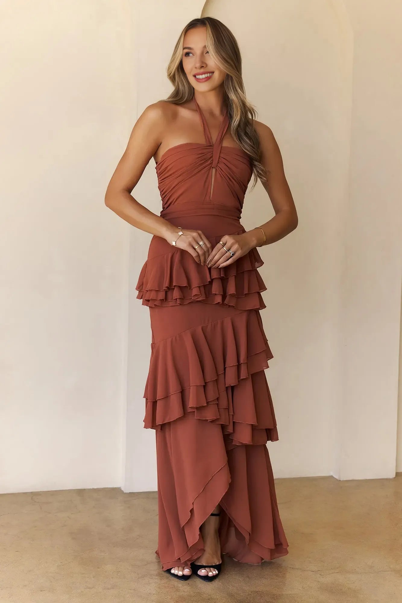 Stylish Halter Tie Cutout Tiered Ruffle Rust Maxi Prom Dress For Women
