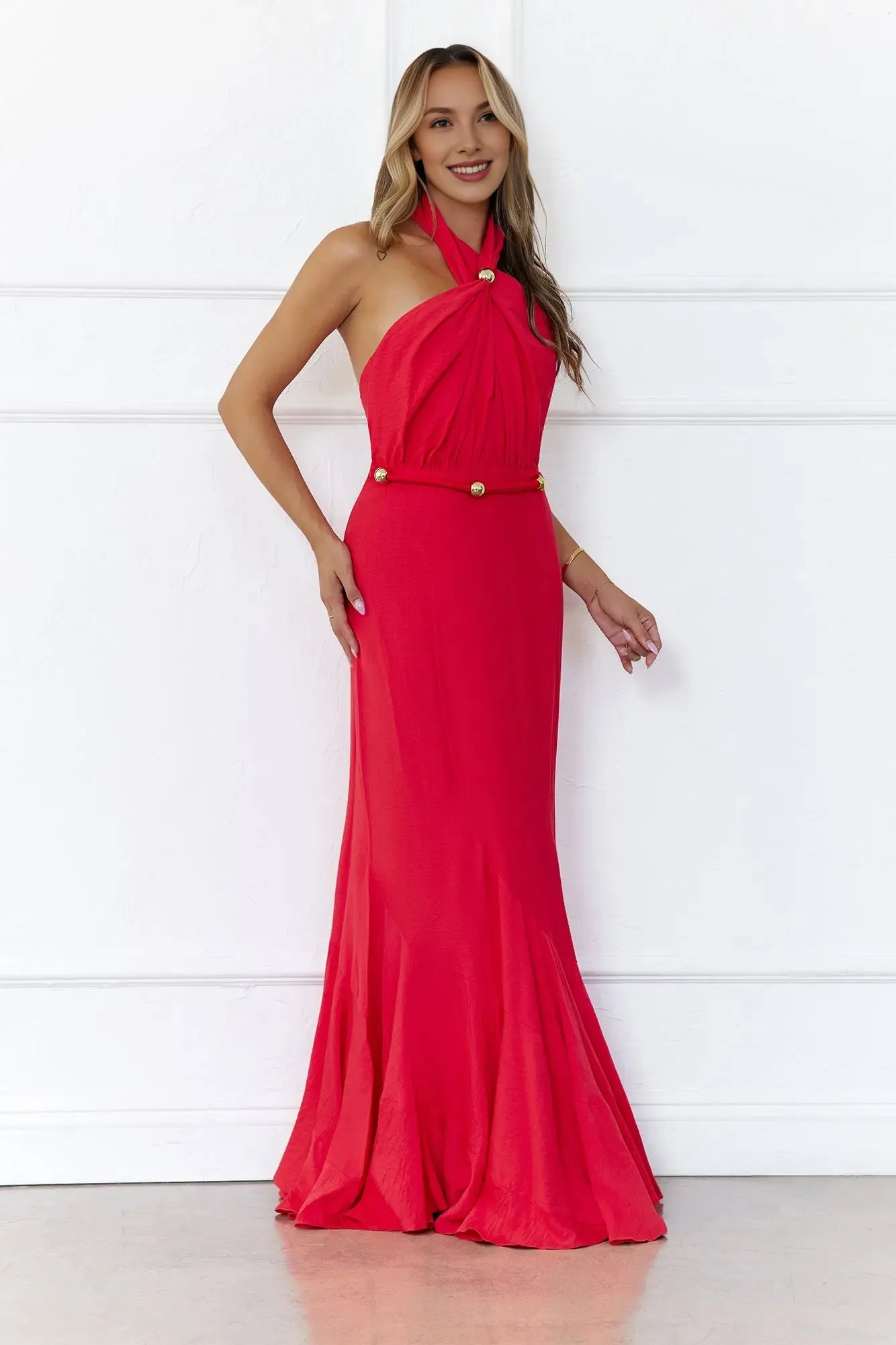 Stylish Mermaid Halter Beaded Open Back Coral Maxi Prom Dress With Flared Hem